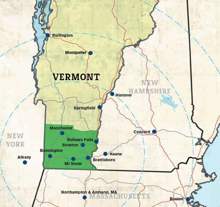 Map of Vermont and neighboring states with Southern Vermont region highlighted